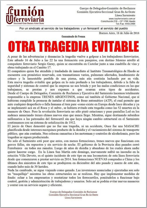 OTRA TRAGEDIA EN LA LÍNEA SARMIENTO